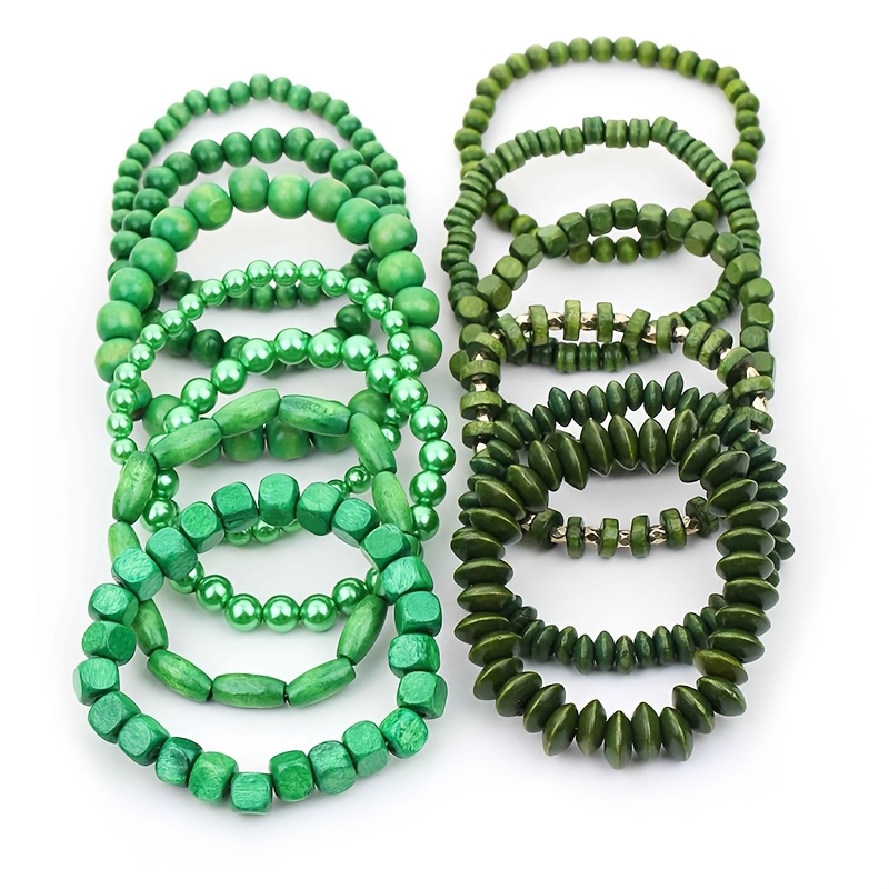 13pcs Green Wood Bead Bracelet Set for Natural Style
